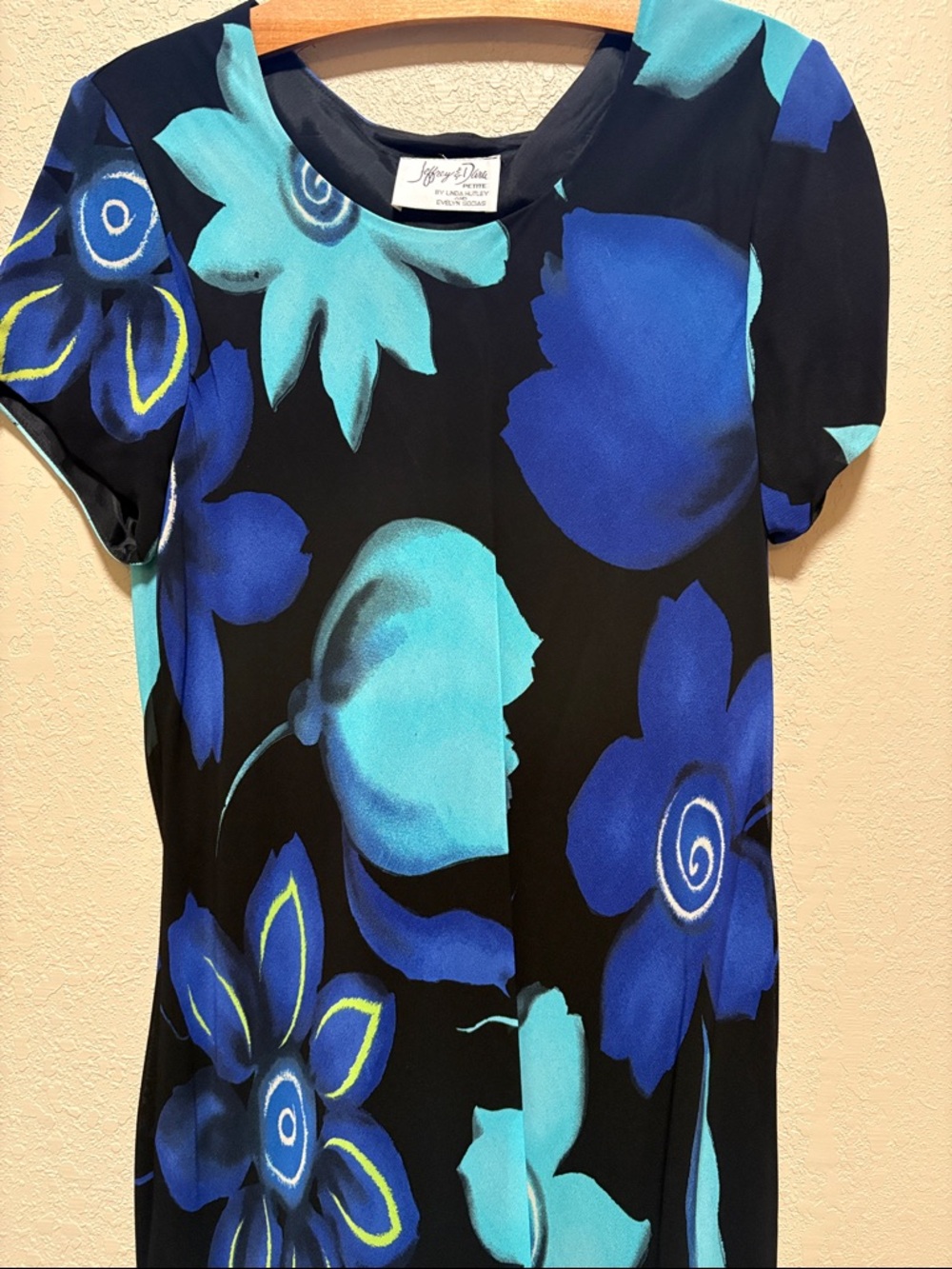 Mid-Length Black Dress with Bold Blue and Aqua Abstract Floral Print